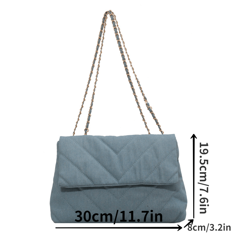 realaiot  Simple Design Flap Shoulder Bag, Solid Color Denim Material Satchel Bag, Large Capacity Crossbody Bag