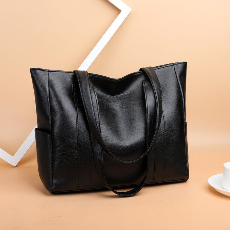 1pc Solid Color Durable Shoulder Bag, Large Capacity Trendy Handbag, PU Leather Zipper Portable Double Handle Tote Bag