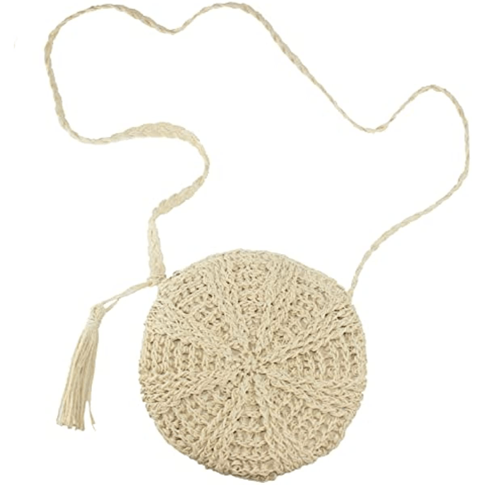 realaiot  Round Straw Woven Beach Bag, Tassel Decor Crossbody Bag, Handmade Straw Shoulder Bag
