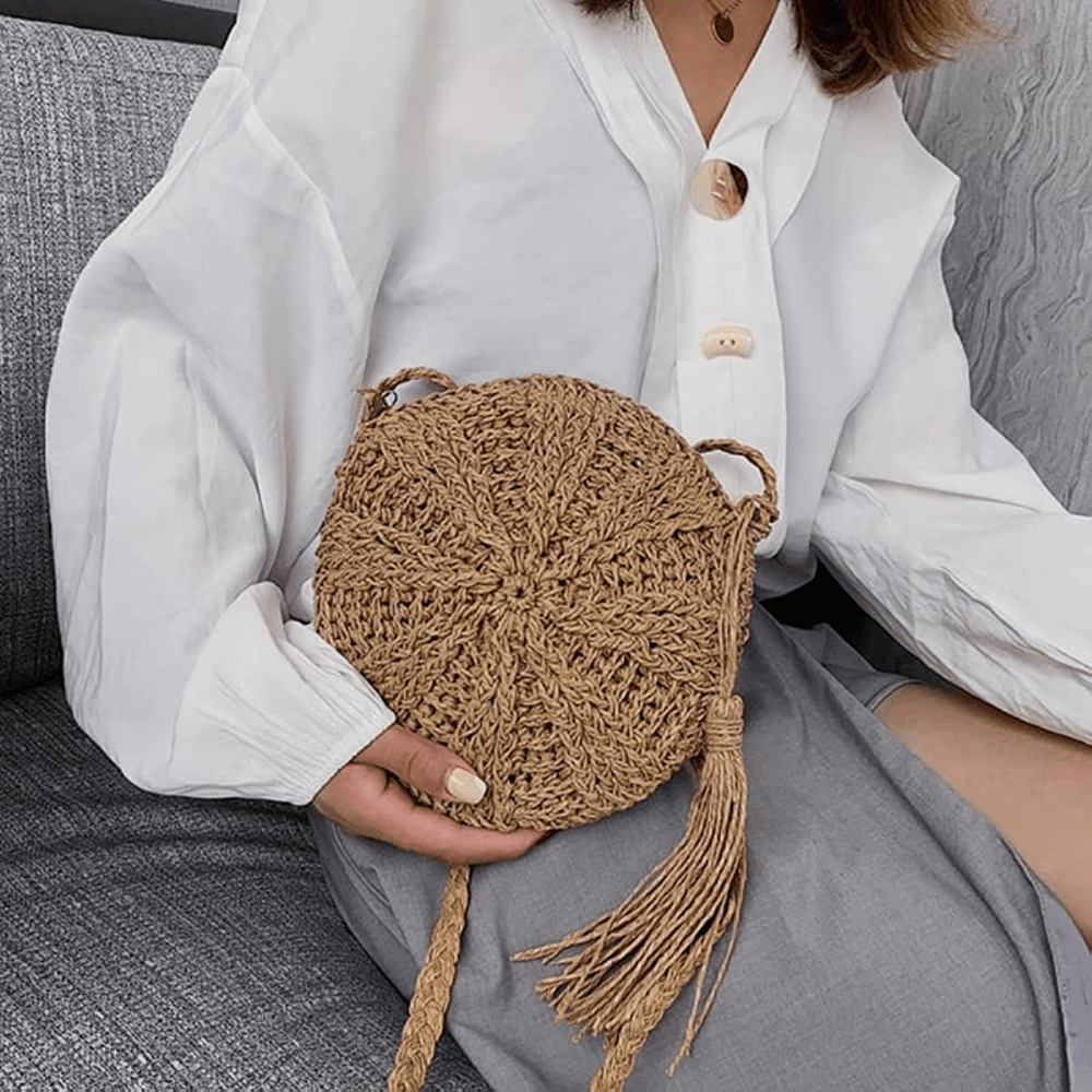 realaiot  Round Straw Woven Beach Bag, Tassel Decor Crossbody Bag, Handmade Straw Shoulder Bag