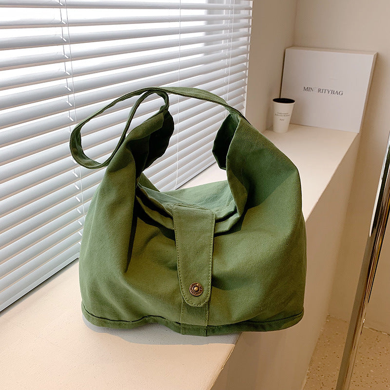 realaiot  Casual Solid Color Canvas Bag, All-Match Hobo Bag, Minimalist Versatile School Bag