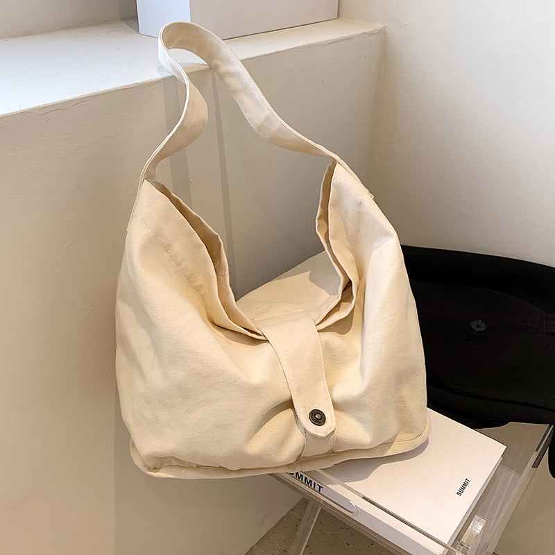 realaiot  Casual Solid Color Canvas Bag, All-Match Hobo Bag, Minimalist Versatile School Bag