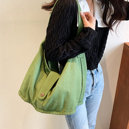 realaiot  Casual Solid Color Canvas Bag, All-Match Hobo Bag, Minimalist Versatile School Bag