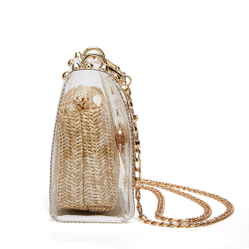 realaiot  Mini Clear Metal Chain Crossbody Bag With Straw Woven Inner Bag, PU Leather Textured Bag Purse, Classic Versatile Fashion Shoulder Bag