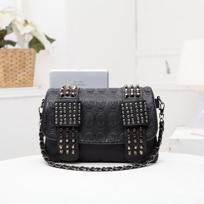 realaiot  Gothic Skull Pattern Crossbody Bag, Y2K Punk Flap Shoulder Bag, Rivet Decor Handbag & Purse