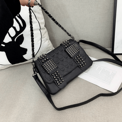 realaiot  Gothic Skull Pattern Crossbody Bag, Y2K Punk Flap Shoulder Bag, Rivet Decor Handbag & Purse