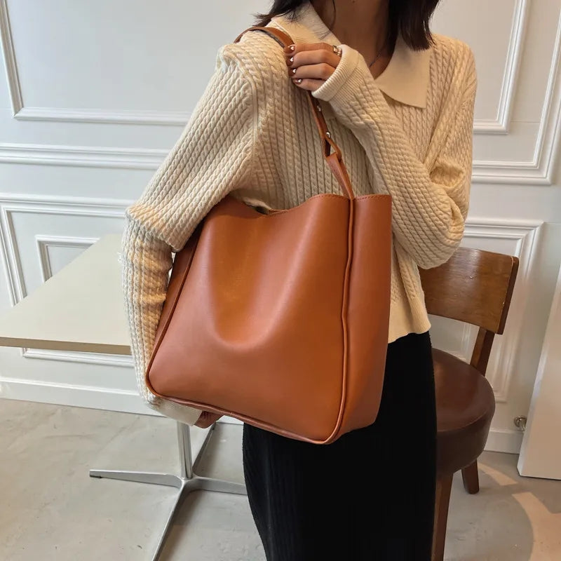 Solid Color Retro Shoulder Bag, Large Capacity Tote Bag, All-Match Classic Bag For Women