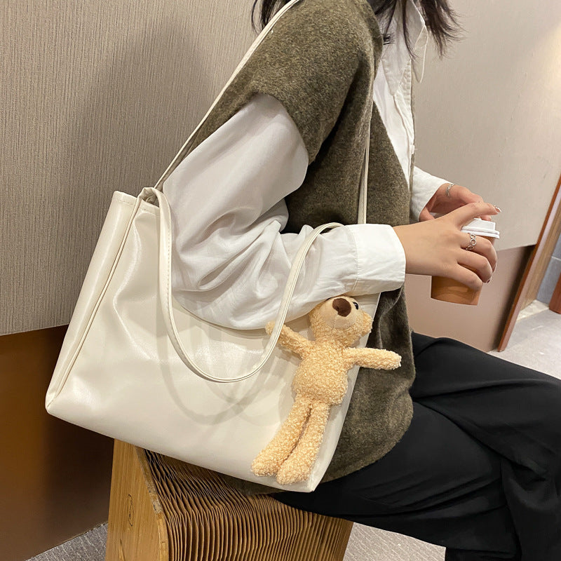 Simple Solid Color Tote Bag, Large Capacity Shoulder Bag, Trendy Faux Leather Handbag For Shopping & Work