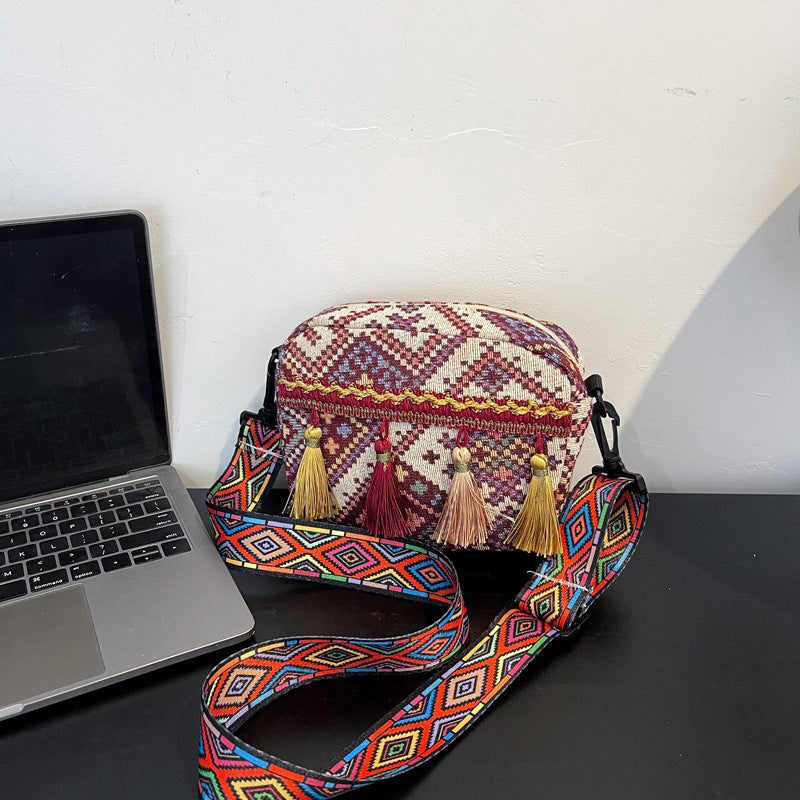 Boho Style Tassel Crossbody Bag, Mini Striped Woven Shoulder Bag, Ethnic Summer Purse For Women