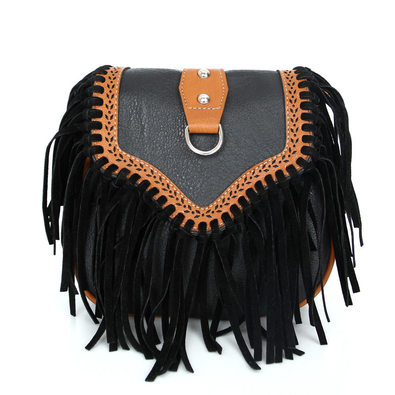 realaiot  Small PU Leather Crossbody Bag, Tassel Decoration Unit Price Bag, Bohemian Style Bag With Zipper