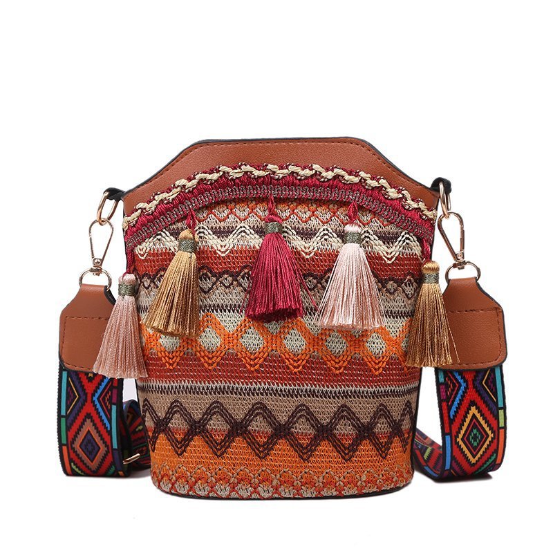 realaiot  Mini Ethnic Style Bucket Bag, Colorful Striped Crossbody Bag, Bohemian Woven Shoulder Bag With Tassel