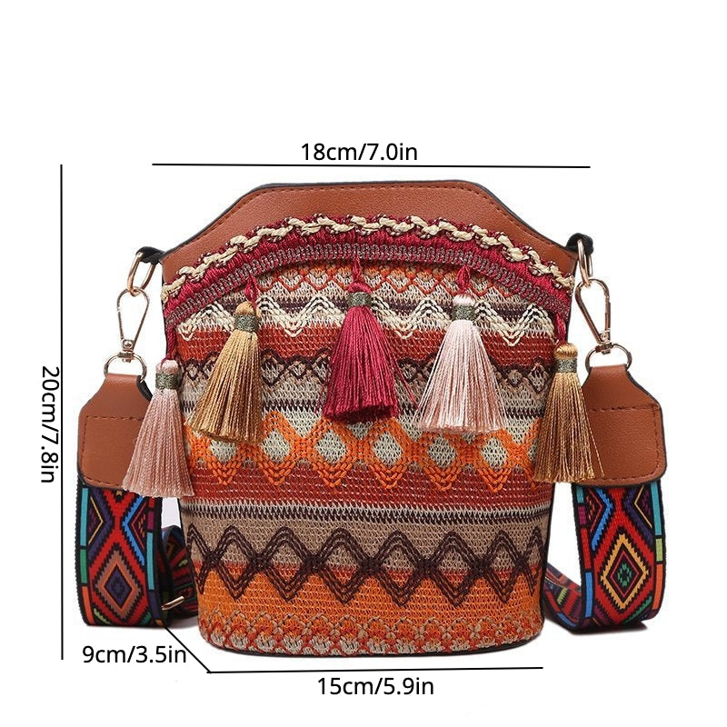 realaiot  Mini Ethnic Style Bucket Bag, Colorful Striped Crossbody Bag, Bohemian Woven Shoulder Bag With Tassel