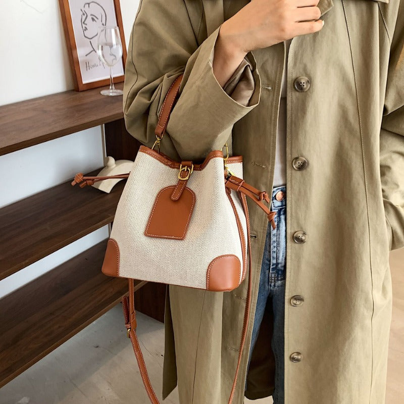 Simple Colorblock Bucket Bag, All-Match Classic Women's Shoulder Bag, Canvas Versatile Crossbody Bag