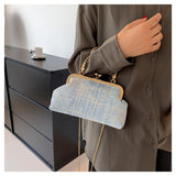 Retro Canvas Handbag With Kiss Lock, Elegant Chain Crossbody Bag, Top Ring Clutch Purse For Women