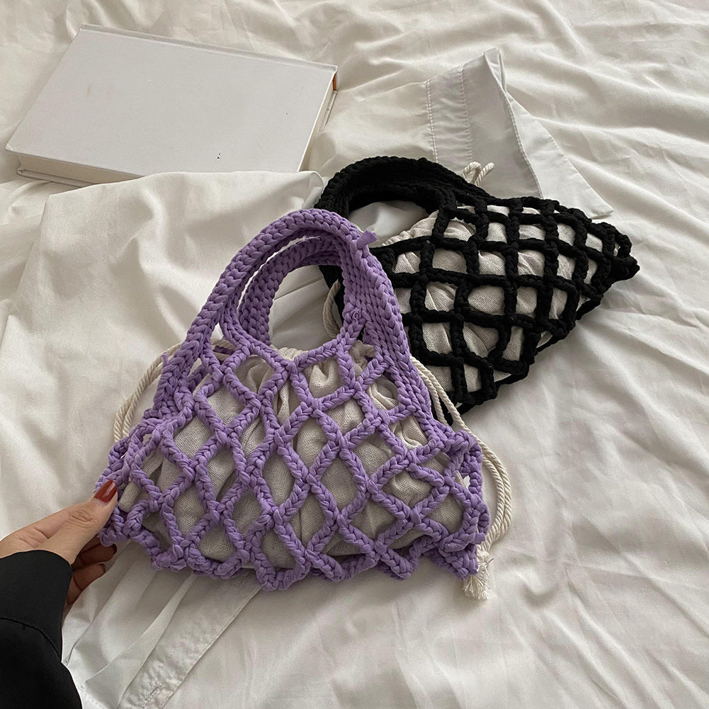 realaiot  Thread Knitted Handbag For Women, Hollow Out Woven Basket Bag, Fashion Drawstring Tote Bag & Purse