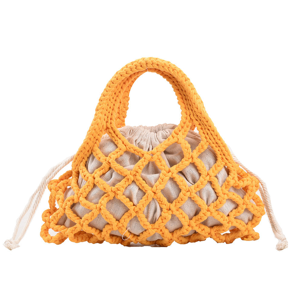 realaiot  Thread Knitted Handbag For Women, Hollow Out Woven Basket Bag, Fashion Drawstring Tote Bag & Purse