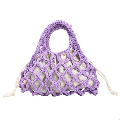 realaiot  Thread Knitted Handbag For Women, Hollow Out Woven Basket Bag, Fashion Drawstring Tote Bag & Purse