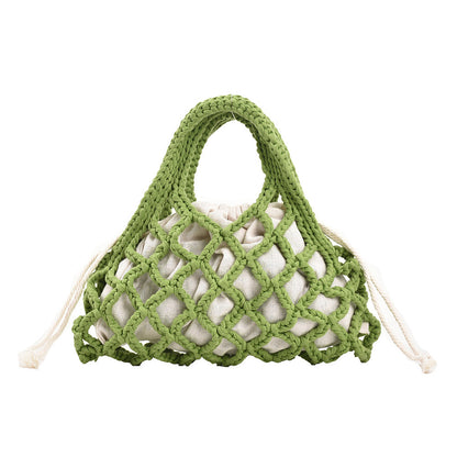 realaiot  Thread Knitted Handbag For Women, Hollow Out Woven Basket Bag, Fashion Drawstring Tote Bag & Purse