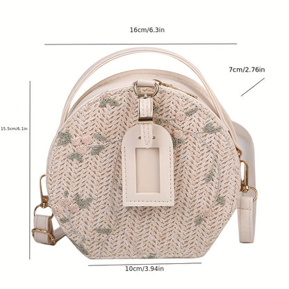 realaiot  Summer Straw Round Handbag, Flower Lace Embroidery Crossbody Bag, Woven Beach Bag For Women