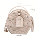 realaiot  Summer Straw Round Handbag, Flower Lace Embroidery Crossbody Bag, Woven Beach Bag For Women