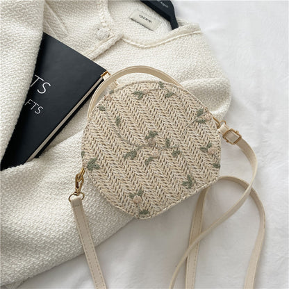 realaiot  Summer Straw Round Handbag, Flower Lace Embroidery Crossbody Bag, Woven Beach Bag For Women