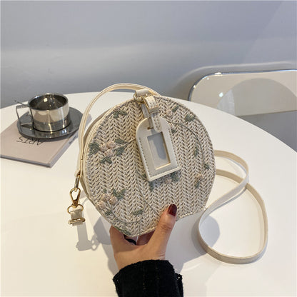 realaiot  Summer Straw Round Handbag, Flower Lace Embroidery Crossbody Bag, Woven Beach Bag For Women