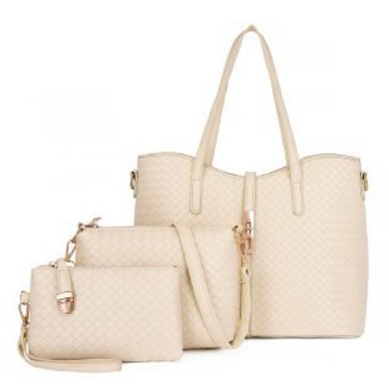 3pcs Woven Pattern Tote Bag Set, Fashion PU Leather Shoulder Handbag With Crossbody Bag & Clutch Purse For Women