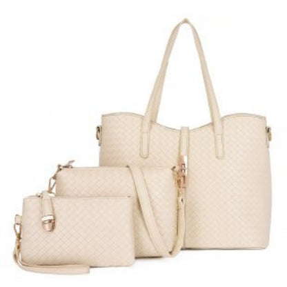 3pcs Woven Pattern Tote Bag Set, Fashion PU Leather Shoulder Handbag With Crossbody Bag & Clutch Purse For Women