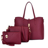 3pcs Woven Pattern Tote Bag Set, Fashion PU Leather Shoulder Handbag With Crossbody Bag & Clutch Purse For Women