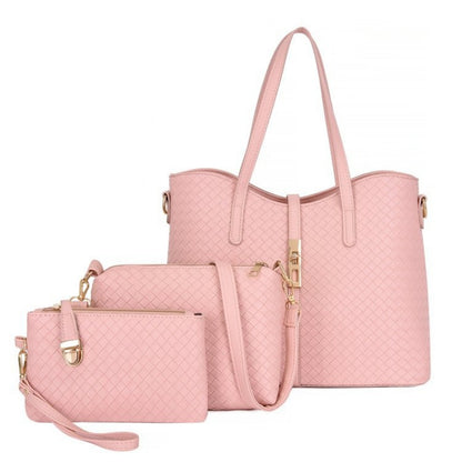 3pcs Woven Pattern Tote Bag Set, Fashion PU Leather Shoulder Handbag With Crossbody Bag & Clutch Purse For Women