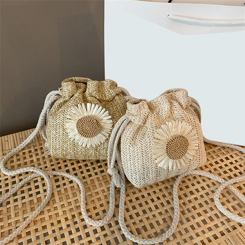 realaiot  Mini Flower Decor Woven Bag, Drawstring Bohemian Crossbody Bag, Classic Women's Travel Storage Shoulder Bag