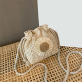 realaiot  Mini Flower Decor Woven Bag, Drawstring Bohemian Crossbody Bag, Classic Women's Travel Storage Shoulder Bag