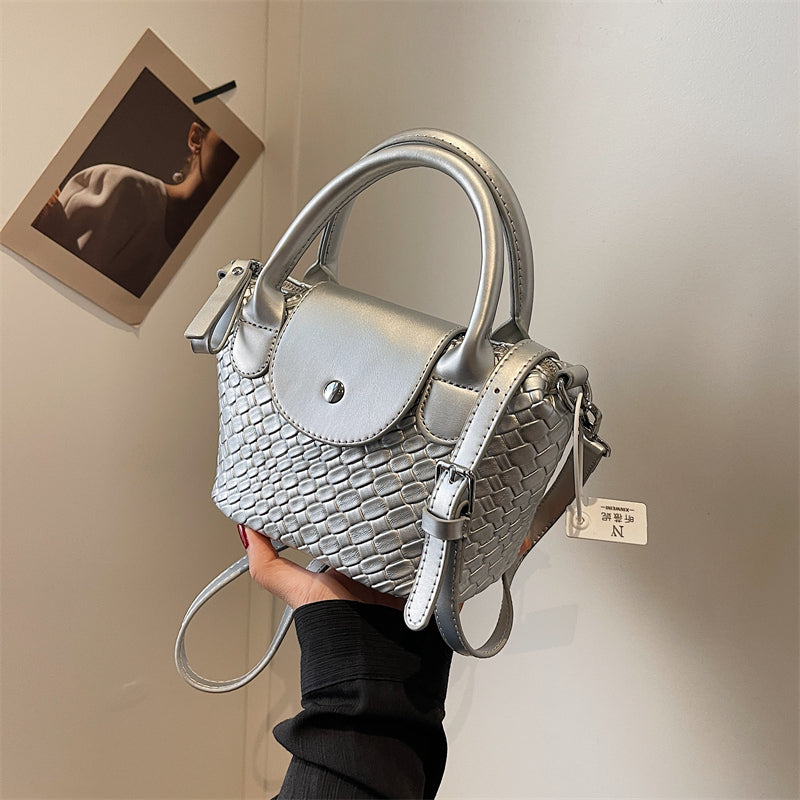 Mini Woven Pattern Handbag, Fashion Flap Crossbody Bag, Women's PU Leather Shoulder Purse