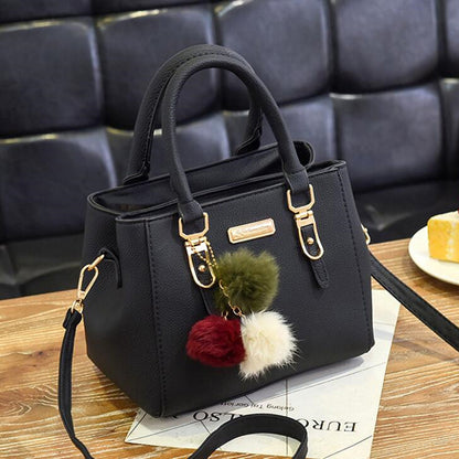 Stylish Small Handbag For Women, Solid Color Crossbody Bag, Elegant Top Handle With Pompom Ball Pendant