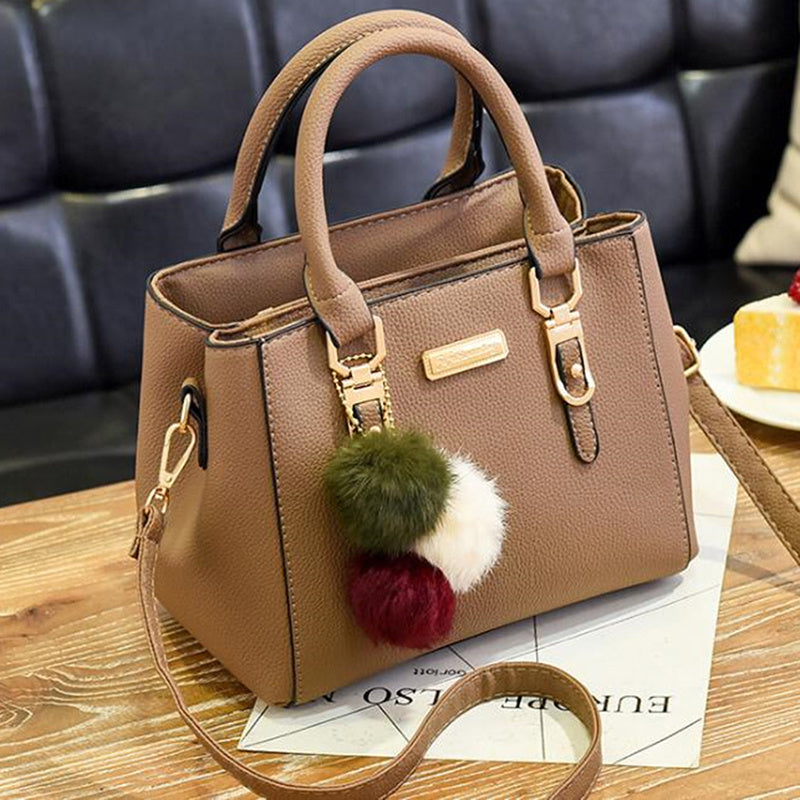 Stylish Small Handbag For Women, Solid Color Crossbody Bag, Elegant Top Handle With Pompom Ball Pendant