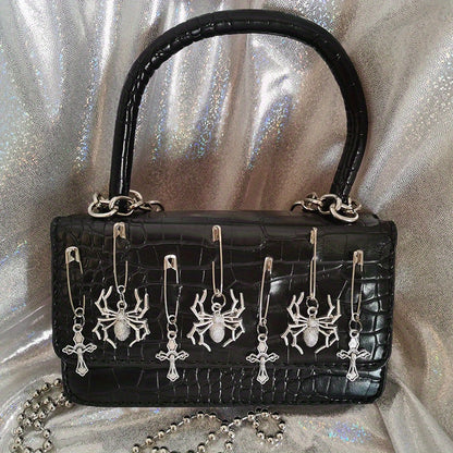 realaiot  Mini Y2K Gothic Handbag, Trendy Dark Motorcycle Satchel Bag, Women's Punk Style Shoulder Bag & Purse