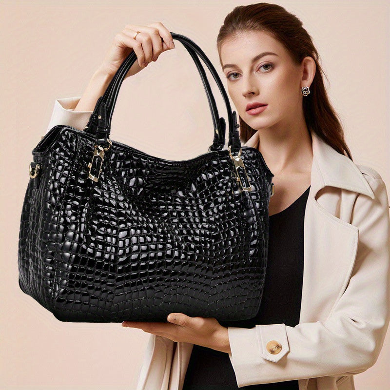realaiot  Crocodile Pattern Tote Bag, Luxury Genuine Leather Handbag, Fashion Crossbody Bag For Women