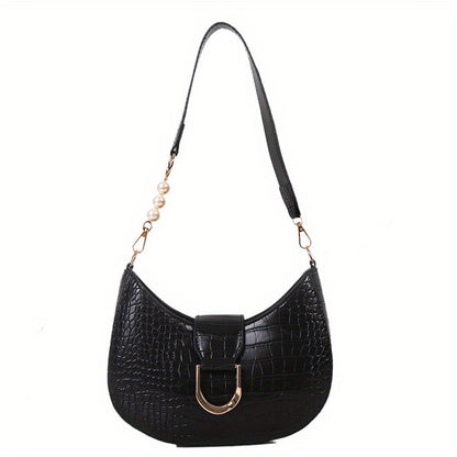 realaiot  Crocodile Pattern Crossbody Bag, Trendy Chain Shoulder Bag, Women's Crescent Handbag & Purse