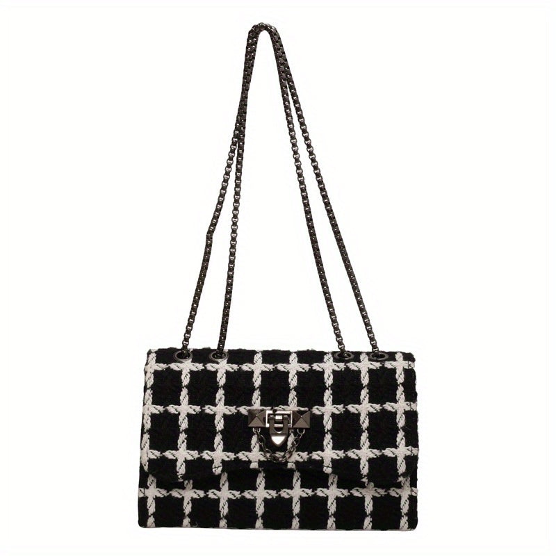 realaiot  Luxury Plaid Crossbody Bag, Women's Tweed Square Purse, Fashion Chain Shoulder Bag