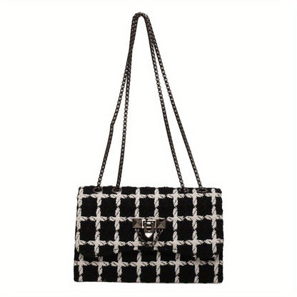 realaiot  Luxury Plaid Crossbody Bag, Women's Tweed Square Purse, Fashion Chain Shoulder Bag