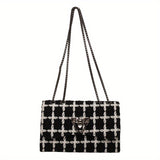 realaiot  Luxury Plaid Crossbody Bag, Women's Tweed Square Purse, Fashion Chain Shoulder Bag