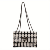 realaiot  Luxury Plaid Crossbody Bag, Women's Tweed Square Purse, Fashion Chain Shoulder Bag