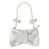 realaiot  Lovely Bow Ruched Shoulder Bag, Sweet Faux Pearl Chain Handbag, Kawaii Pleated Underarm Bag For Women
