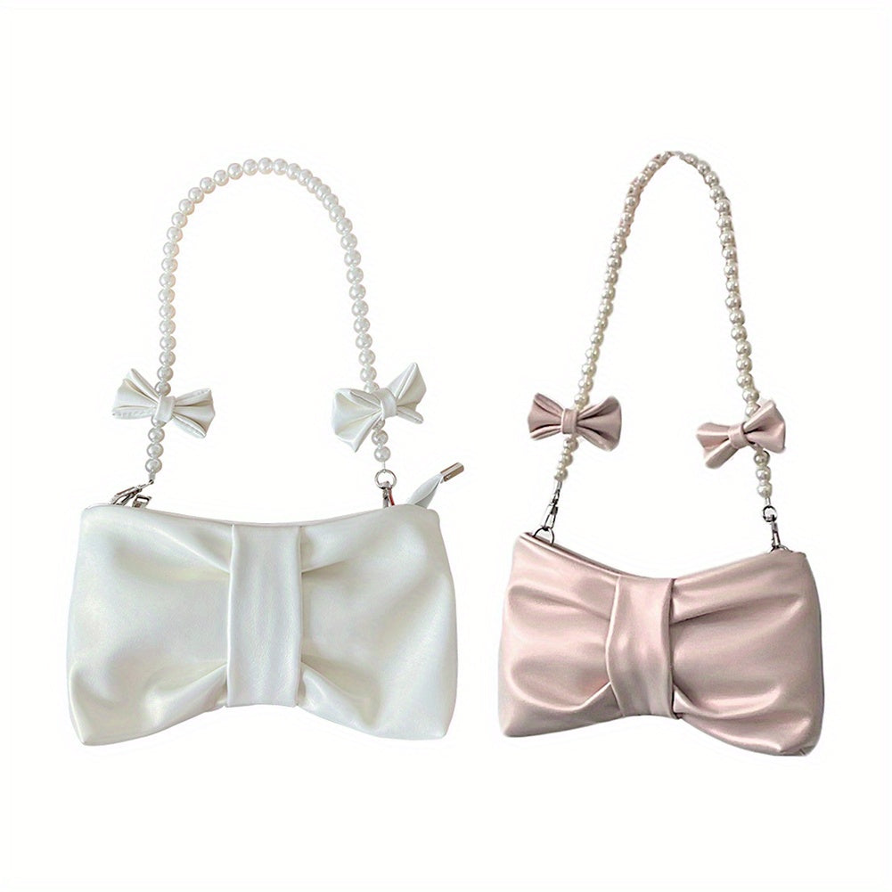 realaiot  Lovely Bow Ruched Shoulder Bag, Sweet Faux Pearl Chain Handbag, Kawaii Pleated Underarm Bag For Women