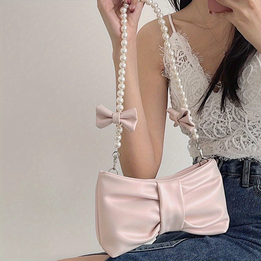 realaiot  Lovely Bow Ruched Shoulder Bag, Sweet Faux Pearl Chain Handbag, Kawaii Pleated Underarm Bag For Women