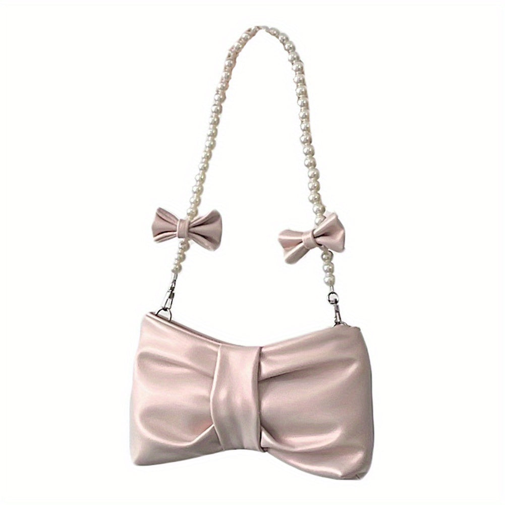 realaiot  Lovely Bow Ruched Shoulder Bag, Sweet Faux Pearl Chain Handbag, Kawaii Pleated Underarm Bag For Women