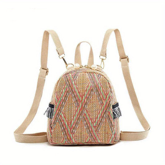 realaiot  Ethnic Style Mini Straw Backpack, Bohemian Woven Daypack Purse, Geometric Pattern Travel Schoolbag