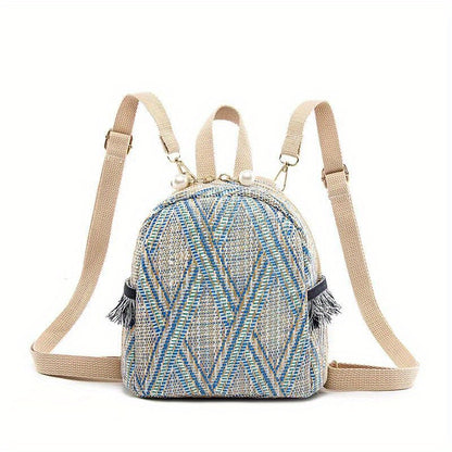 realaiot  Ethnic Style Mini Straw Backpack, Bohemian Woven Daypack Purse, Geometric Pattern Travel Schoolbag