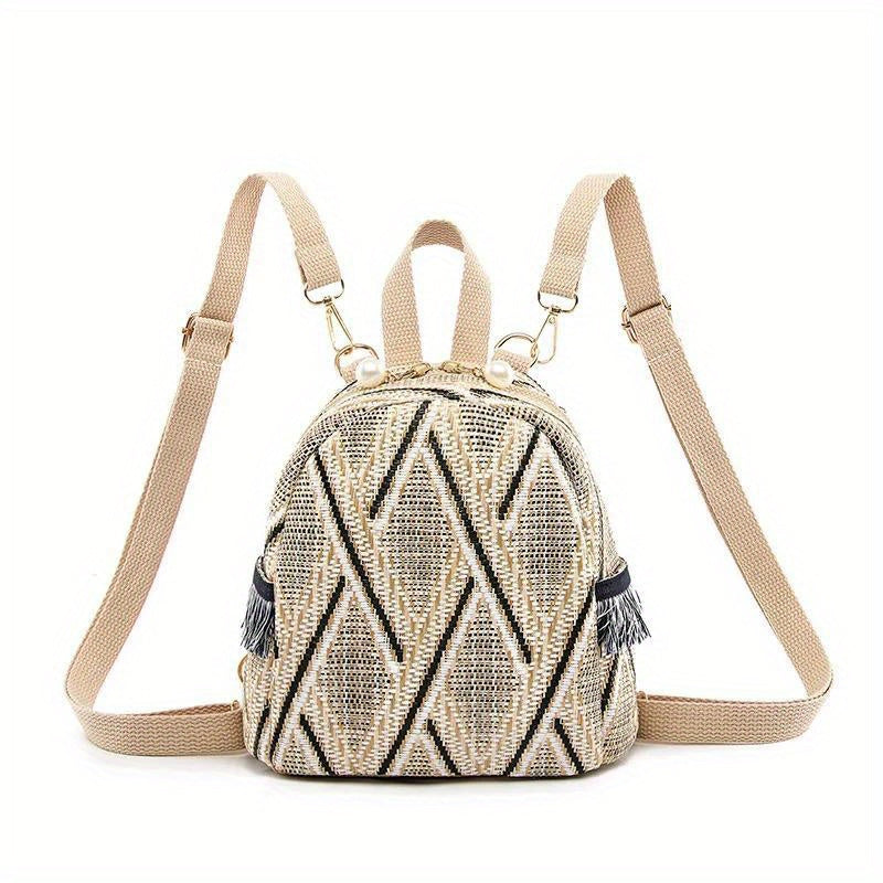 realaiot  Ethnic Style Mini Straw Backpack, Bohemian Woven Daypack Purse, Geometric Pattern Travel Schoolbag