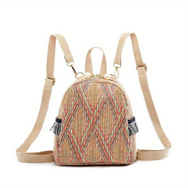 realaiot  Ethnic Style Mini Straw Backpack, Bohemian Woven Daypack Purse, Geometric Pattern Travel Schoolbag